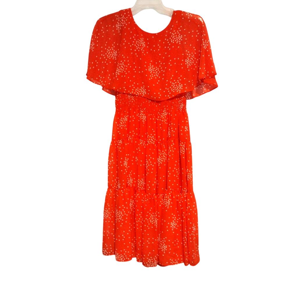Maison Tara Size 12 Orange Midi Cape Dress White Dot Sheer Chiffon Flowy Fall